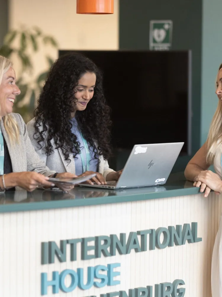 Front desk at International House Gothenburg with staff