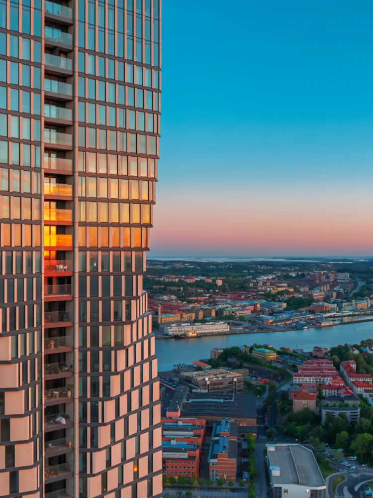 Karlatornet and the Gothenburg skyline at sunset.